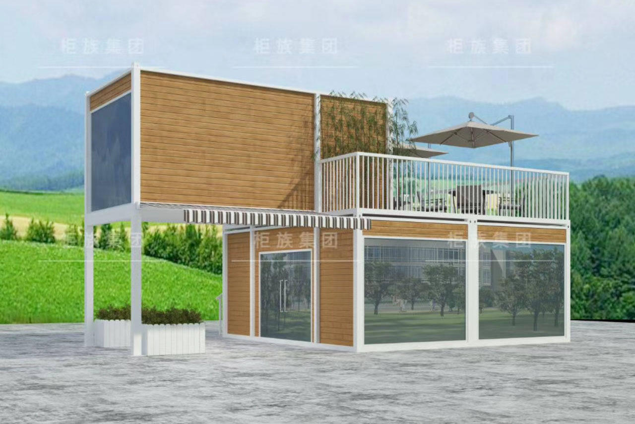 двухэтажный плоский контейнерный дом с террасой и отделкой
